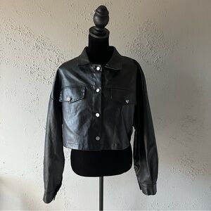 Black Faux Leather Cropped Button Up Jacket Medium